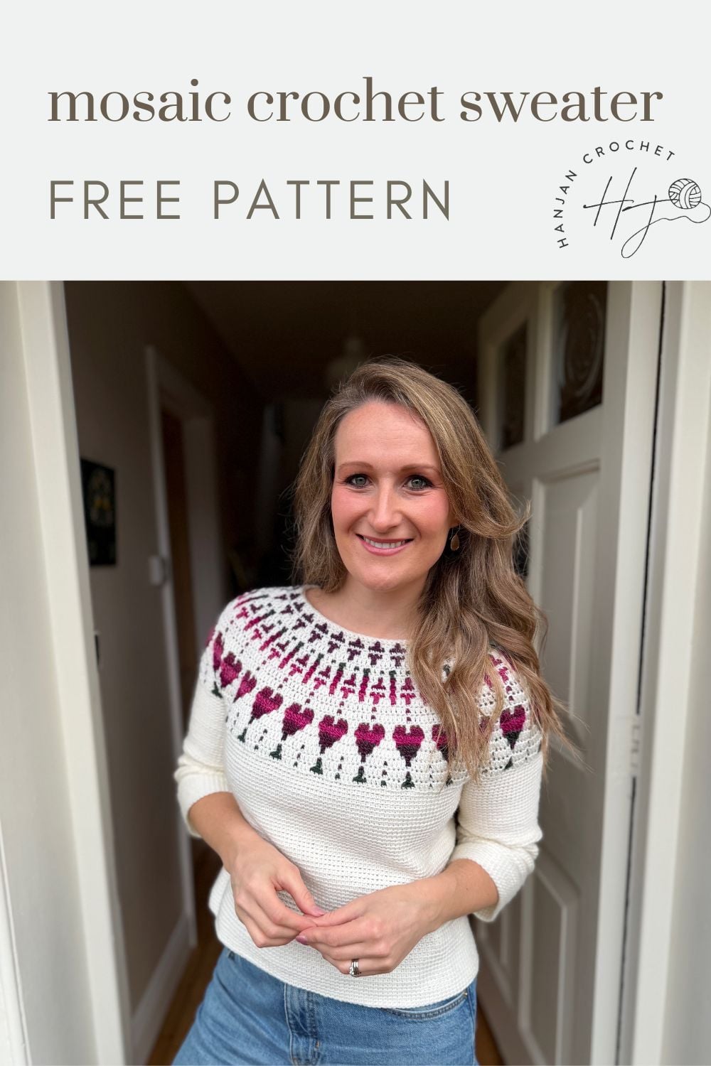 A woman stands in a doorway wearing a white crochet sweater with a red and purple mosaic pattern, accompanied by text offering a free mosaic crochet sweater pattern.