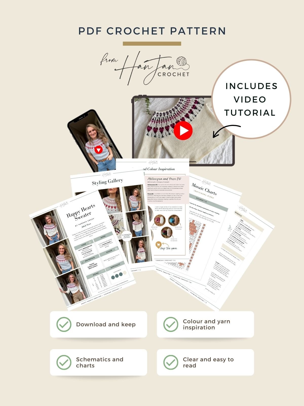 PDF crochet pattern set with printed instructions, schematics, charts, and a smartphone showing a video tutorial; includes styling gallery and materials list.