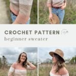 Collage showing a woman modeling a striped crochet sweater in pink, beige, and white tones, with "Crochet Pattern Beginner Sweater" text in the center.