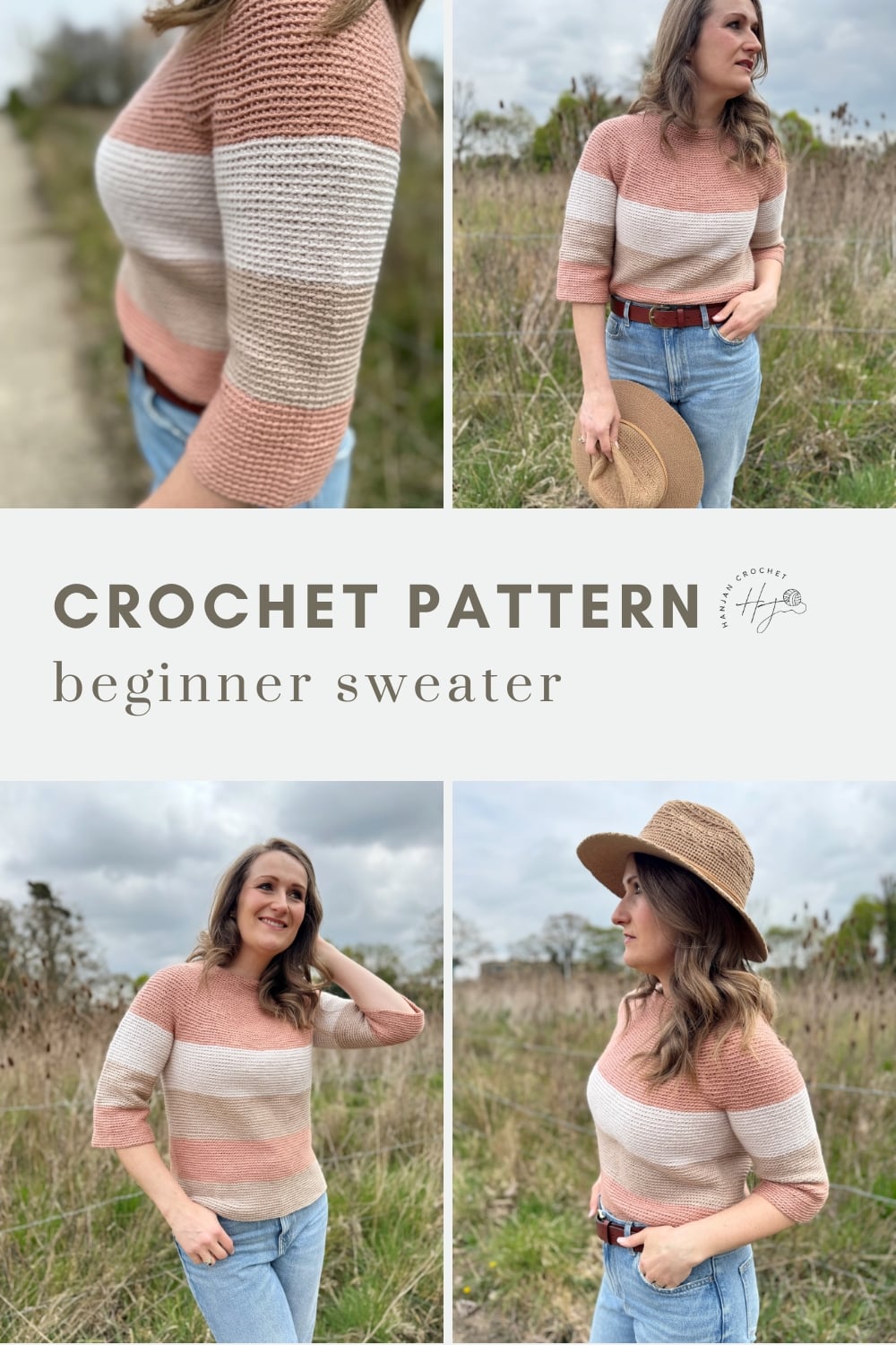 Collage showing a woman modeling a striped crochet sweater in pink, beige, and white tones, with "Crochet Pattern Beginner Sweater" text in the center.