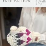 Person wearing off-white crochet heart mittens with pink and dark accents, holding a mug. Text above reads, "unique crochet mittens FREE PATTERN.
