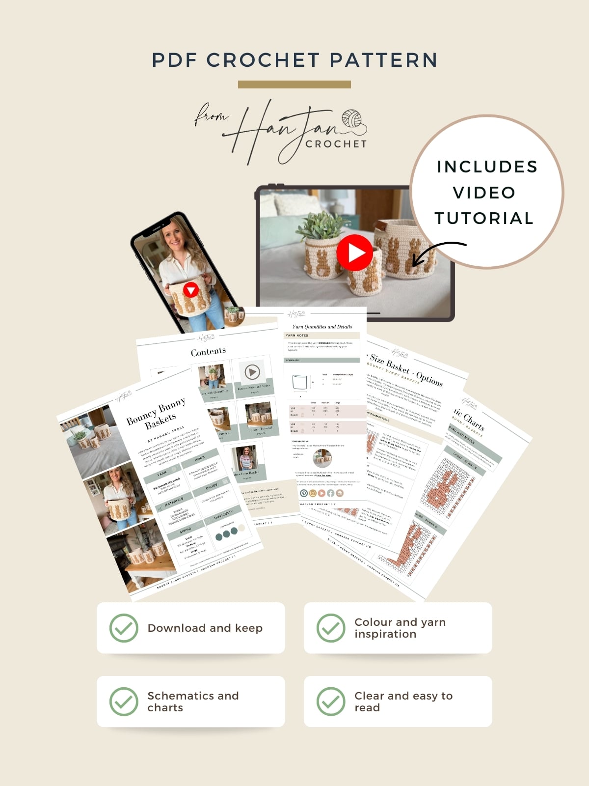 PDF crochet bunny basket pattern promotional image featuring printed pages, a smartphone and tablet with crochet visuals, plus icons highlighting features like video tutorials, charts, and clarity.