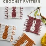 Four crocheted mug rugs with bunny silhouettes in various colors are displayed on a white surface with decorative flowers nearby. Text reads "crochet bunny coaster pattern CROCHET PATTERN.