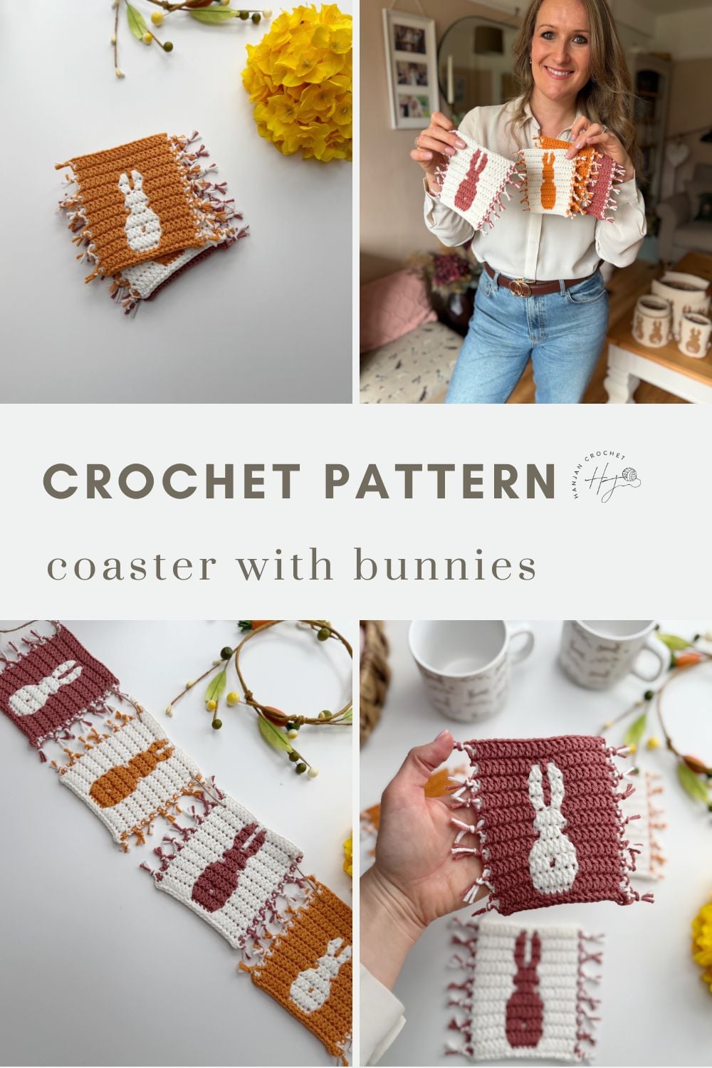 Collage showing crochet coasters with bunny designs in pink and orange, a woman holding them, and two coasters next to mugs on a table. Text reads "Crochet Bunny Coaster Pattern: coaster with bunnies.