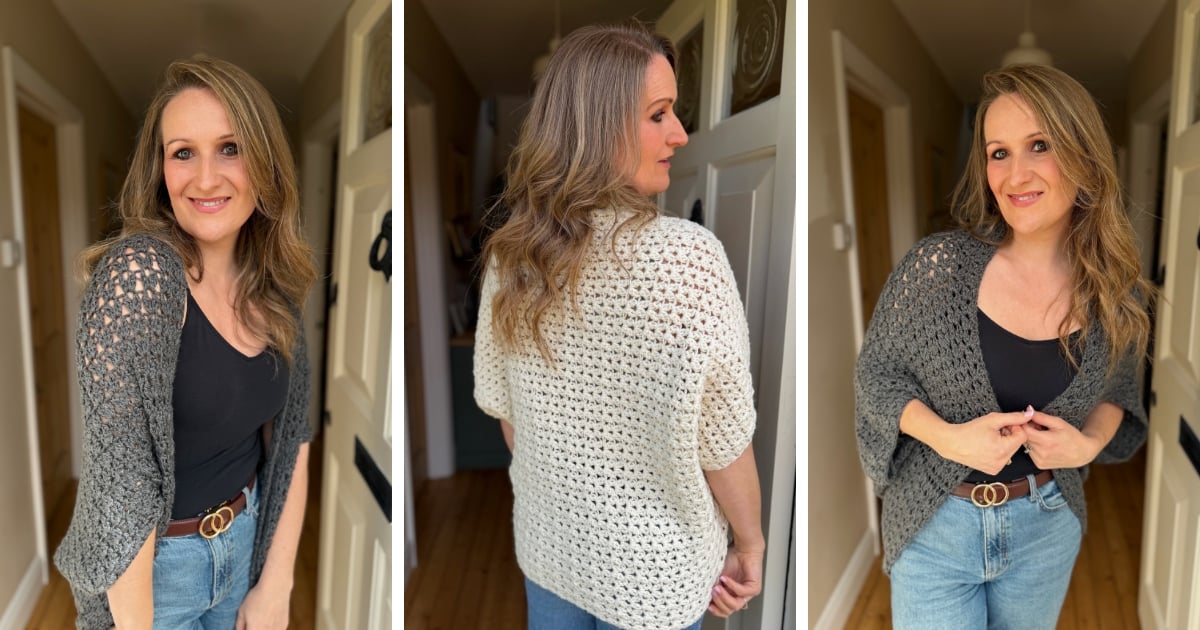 A woman wearing a black top, blue jeans, and crocheted cardigans in gray and white, shown from the front and back in a hallway.