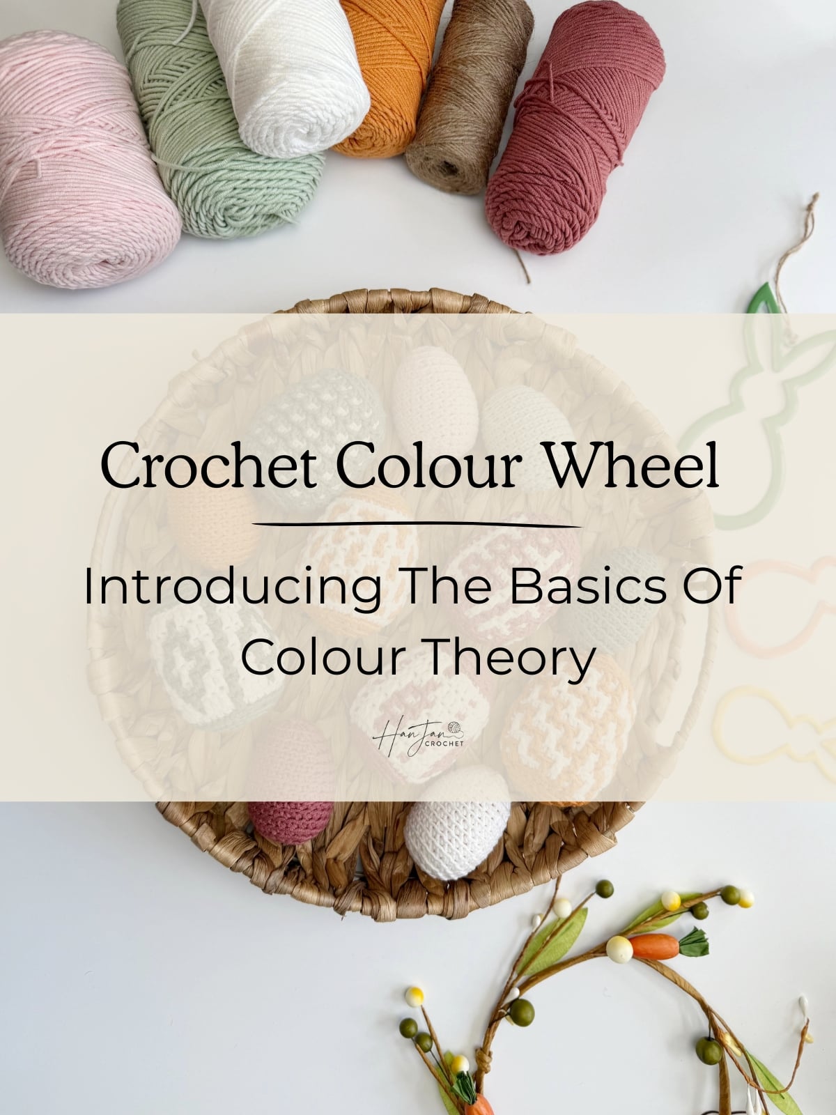 A flat lay of yarn balls in various colors and a wicker plate with crocheted eggs, overlaid with text introducing the crochet colour wheel and essential crochet color theory basics.