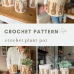 Collage showing crochet plant pots with a brown bunny pattern, some held by a person and others displayed on a table with green plants inside—perfect inspiration for your next crochet bunny basket pattern project.