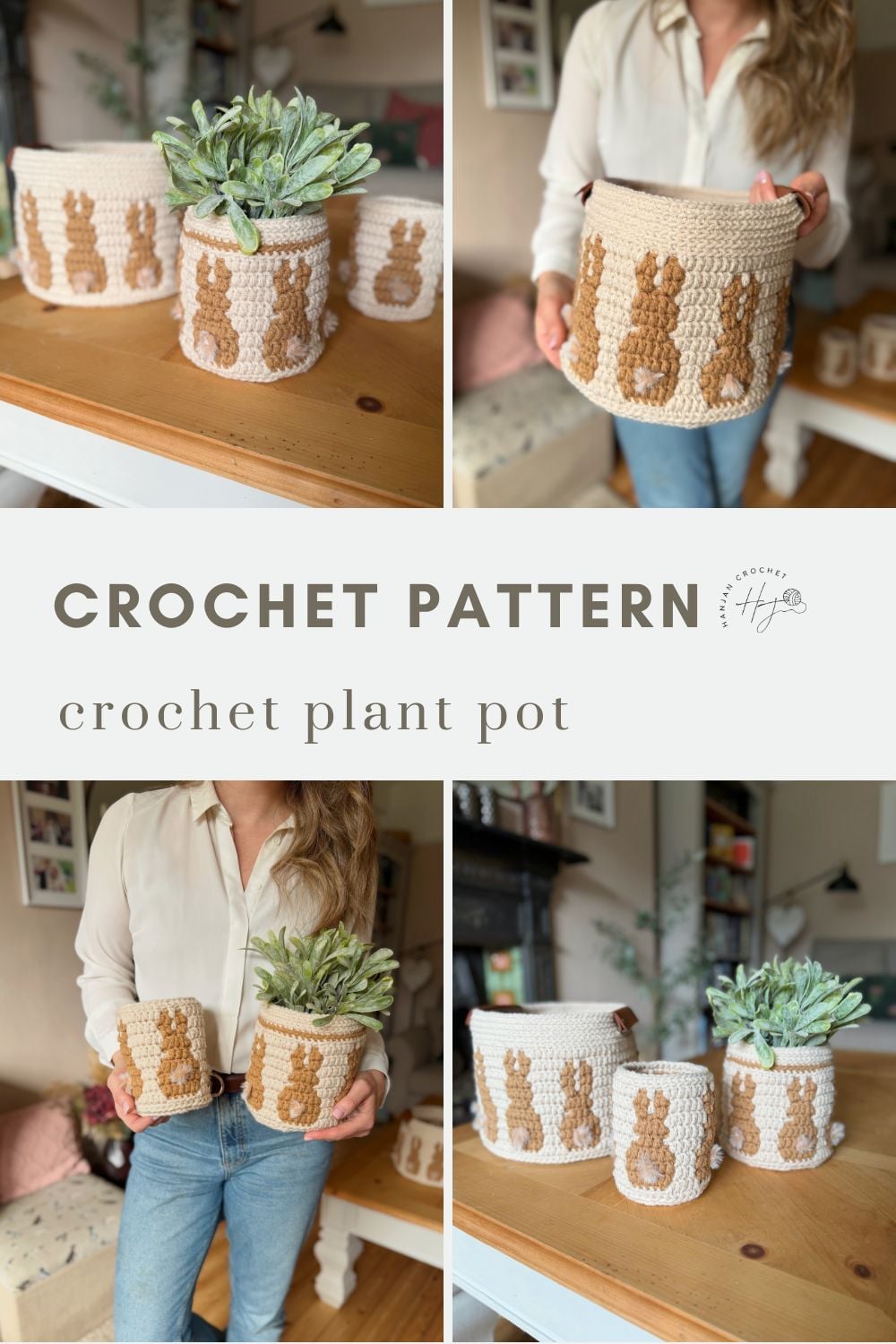 Collage showing crochet plant pots with a brown bunny pattern, some held by a person and others displayed on a table with green plants inside—perfect inspiration for your next crochet bunny basket pattern project.