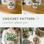 Collage showing crochet plant pots with green cactus designs, displayed on a table and held in hand, alongside yarn used for crafting. Text reads: "Crochet Pattern - crochet plant pot.