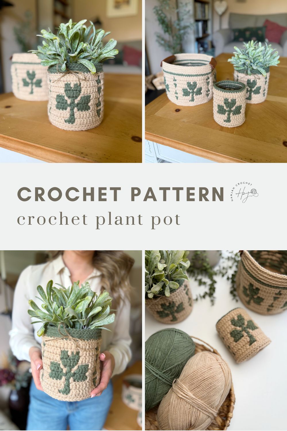 Collage showing crochet plant pots with green cactus designs, displayed on a table and held in hand, alongside yarn used for crafting. Text reads: "Crochet Pattern - crochet plant pot.