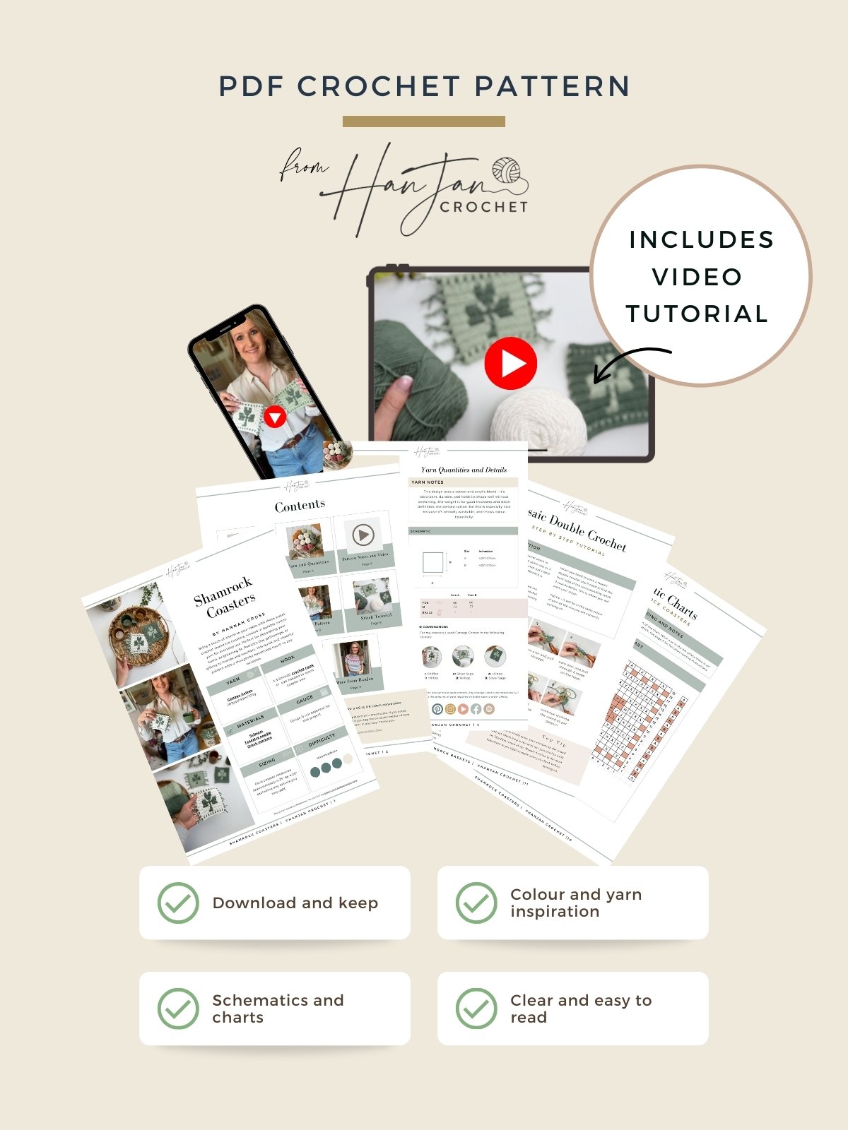 PDF crochet shamrock coaster pattern promotional image featuring printed instruction sheets, a phone and tablet displaying videos, plus icons for video tutorials, downloadable content, and clear instructions.