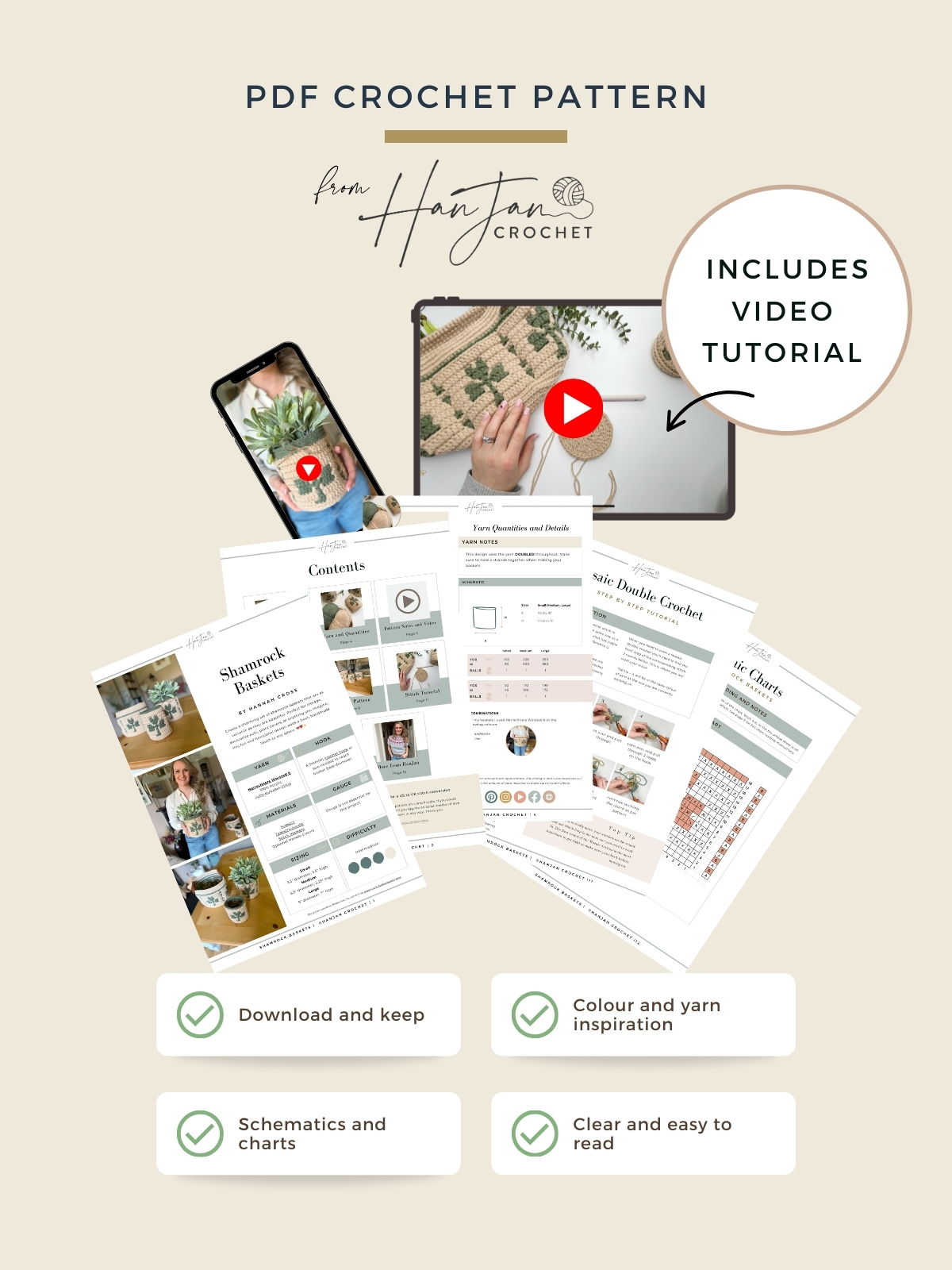 PDF crochet pattern promotional image featuring printed pages, a tablet showing a crocheted shamrock video, and icons highlighting downloadable, easy-to-read pattern with color inspiration and video tutorial.