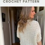 Woman wearing a white crocheted cardigan stands in a doorway, facing away; text above reads "easy cardigan CROCHET PATTERN.