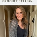 Woman wearing a gray crocheted shrug over a black top and jeans stands near an open door; text above reads "easy shrug CROCHET PATTERN.