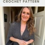 A woman stands in a doorway wearing a grey crocheted cocoon cardigan. The text above reads "cocoon cardigan CROCHET PATTERN" with a small crochet logo.