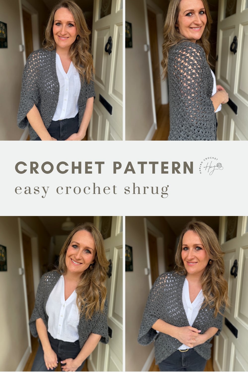 Four images show a woman modeling a gray crocheted shrug over a white blouse and black pants. Text reads "Crochet Pattern: easy crochet shrug.