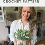 Woman holding a potted plant in a crochet cover with a green shamrock design; text above reads "crocheted shamrock CROCHET PATTERN.
