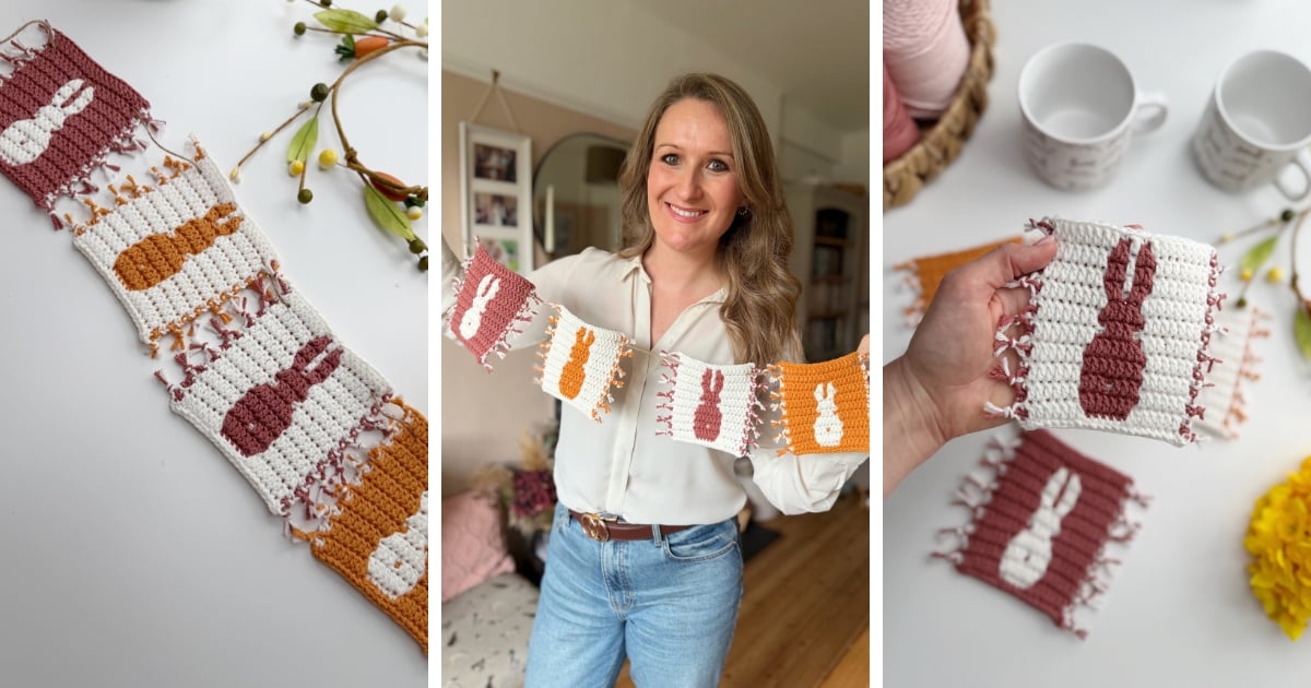 A woman holds a crocheted garland featuring squares with bunny silhouettes in white, orange, and pink colors; detail and close-up shots show the handcrafted pieces.