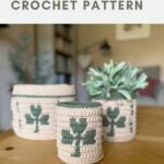 Three beige crochet containers with green shamrock designs are displayed on a wooden table, with a plant in the background. Text reads: "large crochet shamrock CROCHET PATTERN.