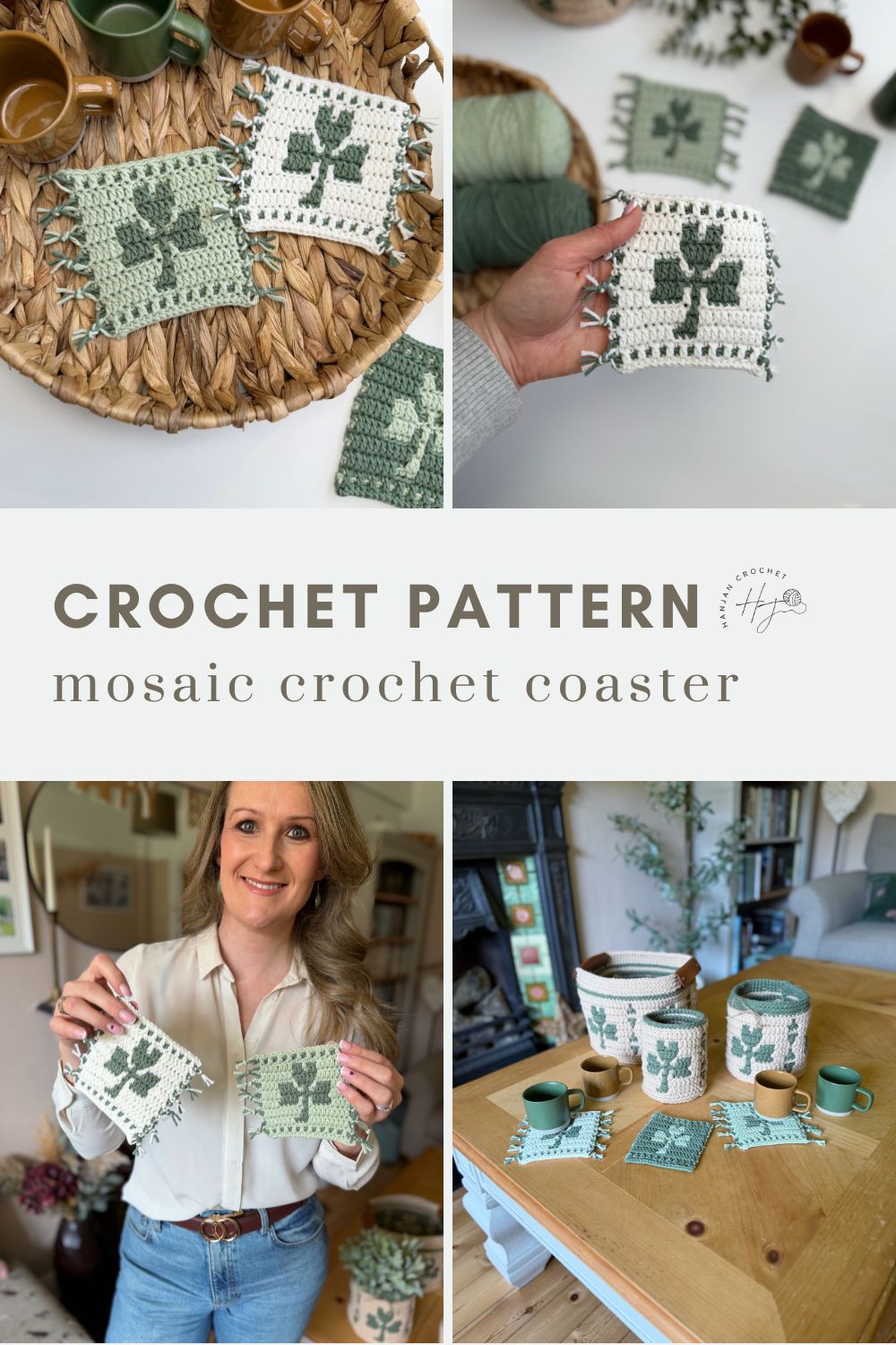 Collage featuring a crochet shamrock coaster mosaic pattern with green leaf designs, finished coasters displayed on tables, and a woman proudly holding the completed crochet shamrock coasters.