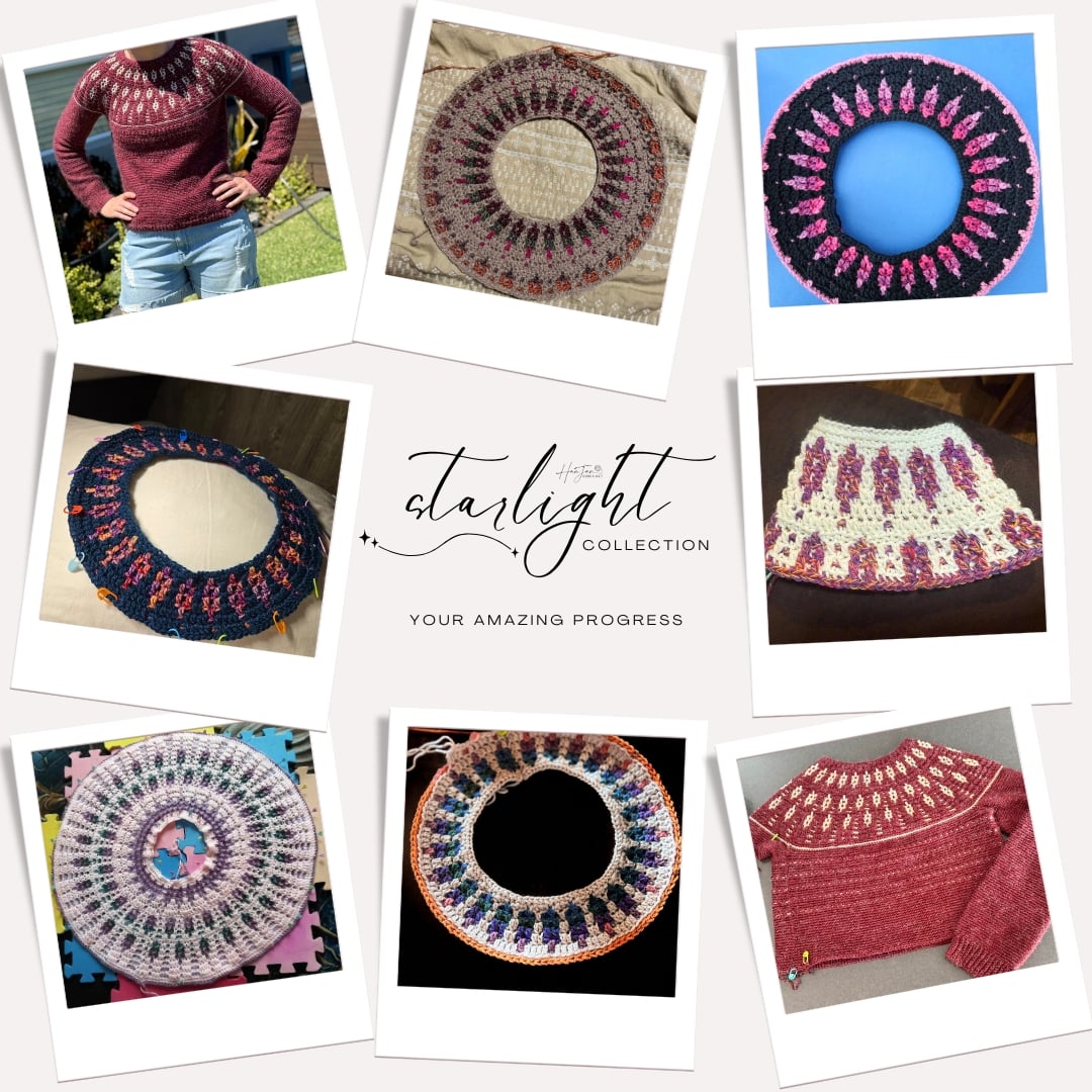 A collage of knitted yoke sweaters and circular yokes in various colors and patterns, showcasing progress photos from the "Starlight Collection.