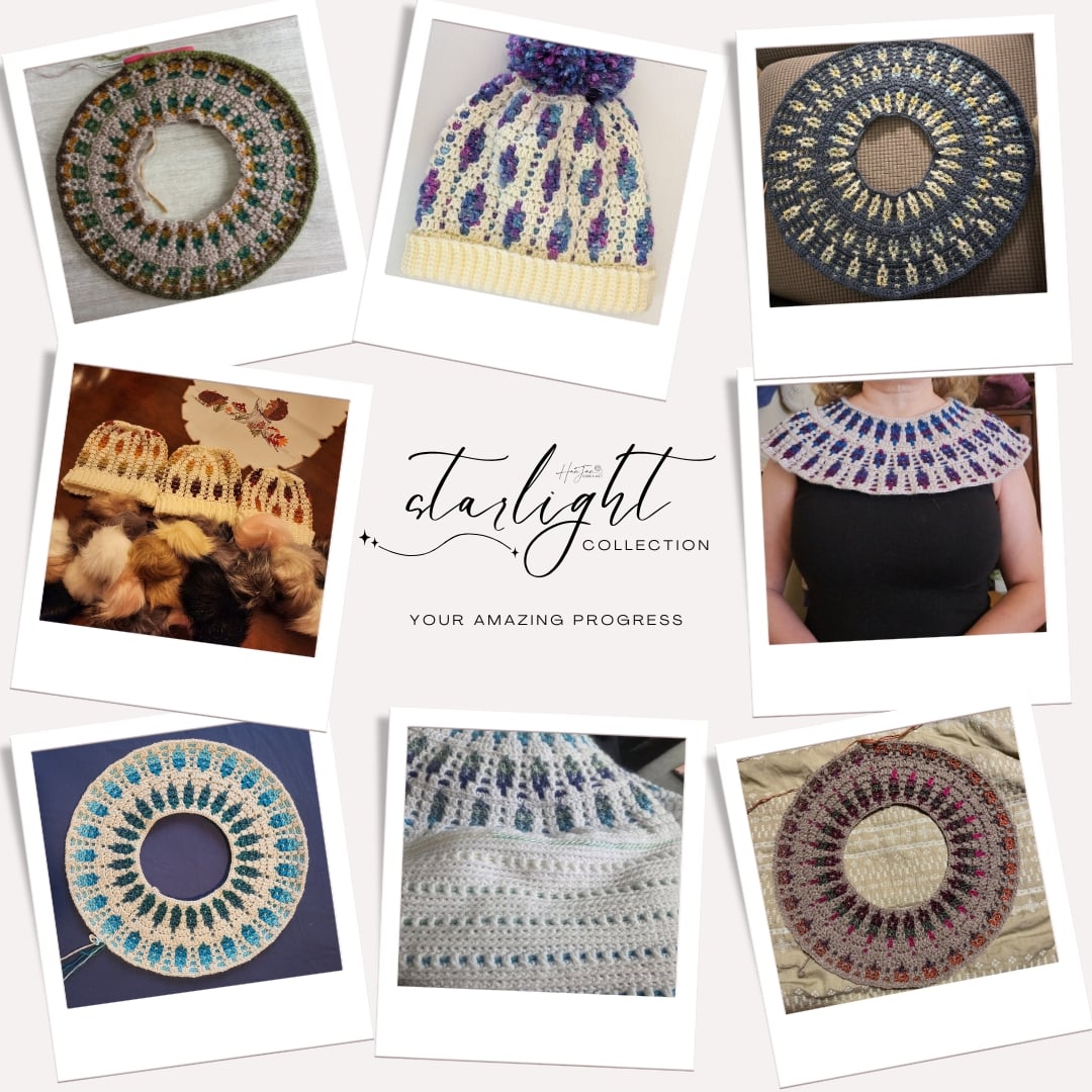A collage of knitted circular yoke sweaters, a hat with a pom-pom, and animal hats, all featuring colorful patterns from the "Starlight Collection.