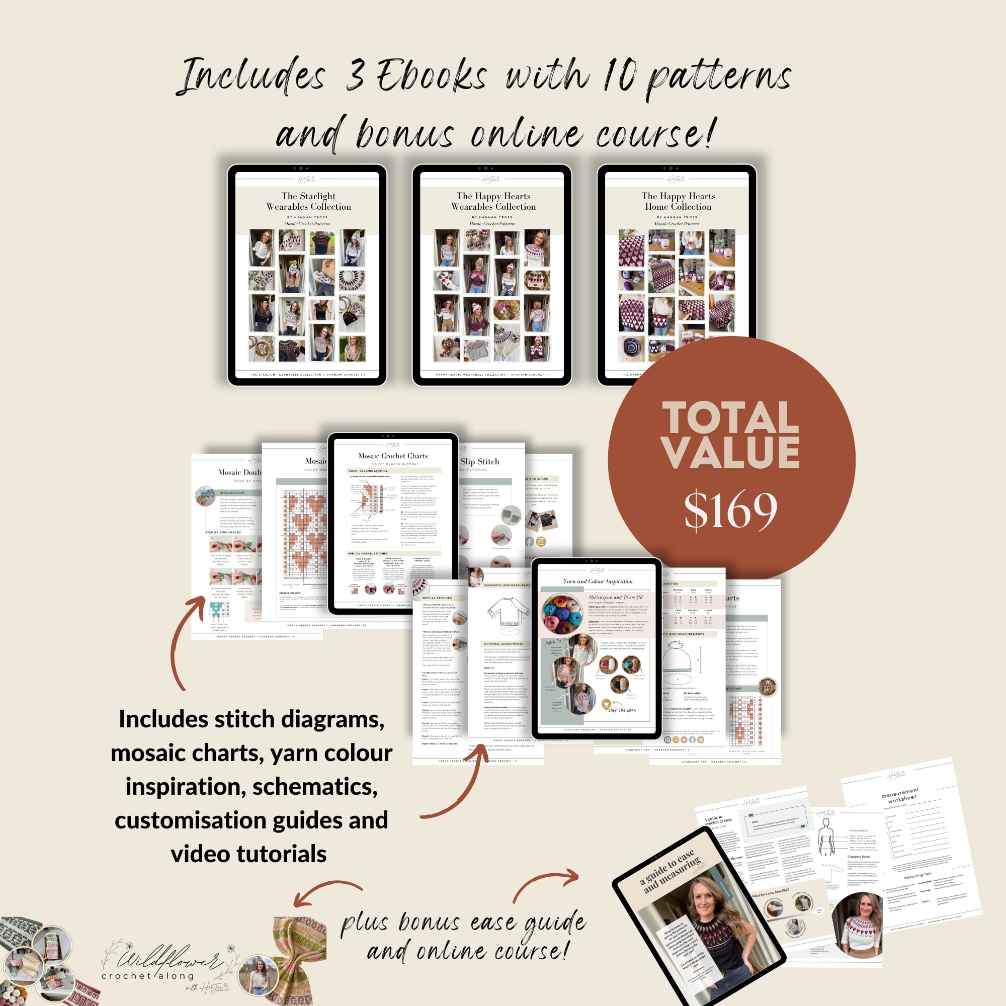Three ebook covers and open pages are displayed, highlighting crochet patterns, stitch diagrams, color charts, and an online course with a total value of $169.
