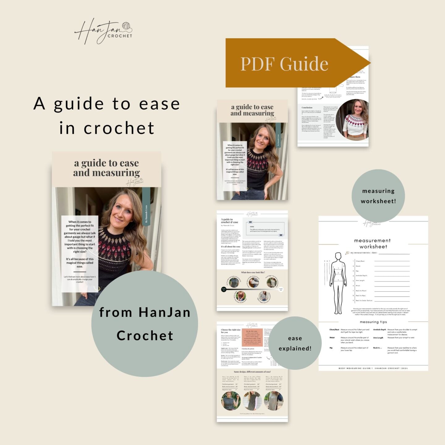 Promotional image displaying the cover and sample pages of a PDF guide on ease and measuring in crochet, from HanJan Crochet, featuring text and images of a woman modeling crochet.