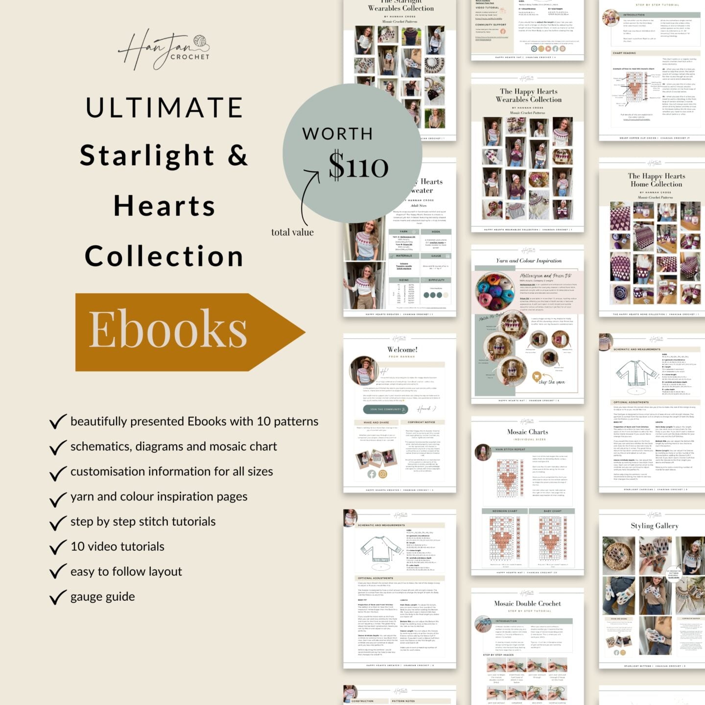 Image displaying the Ultimate Starlight & Hearts Collection Ebooks set, showing sample pages, features, and a value of $110. Includes patterns, charts, tutorials, and guides for crochet projects.