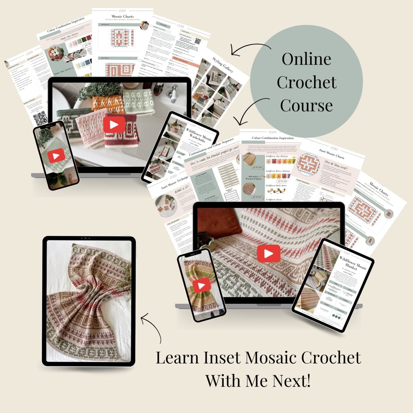 Collage of digital devices showing crochet course materials and videos, with text: &ldquo;Online Crochet Course&rdquo; and &ldquo;Learn Inset Mosaic Crochet With Me Next!&rdquo;.