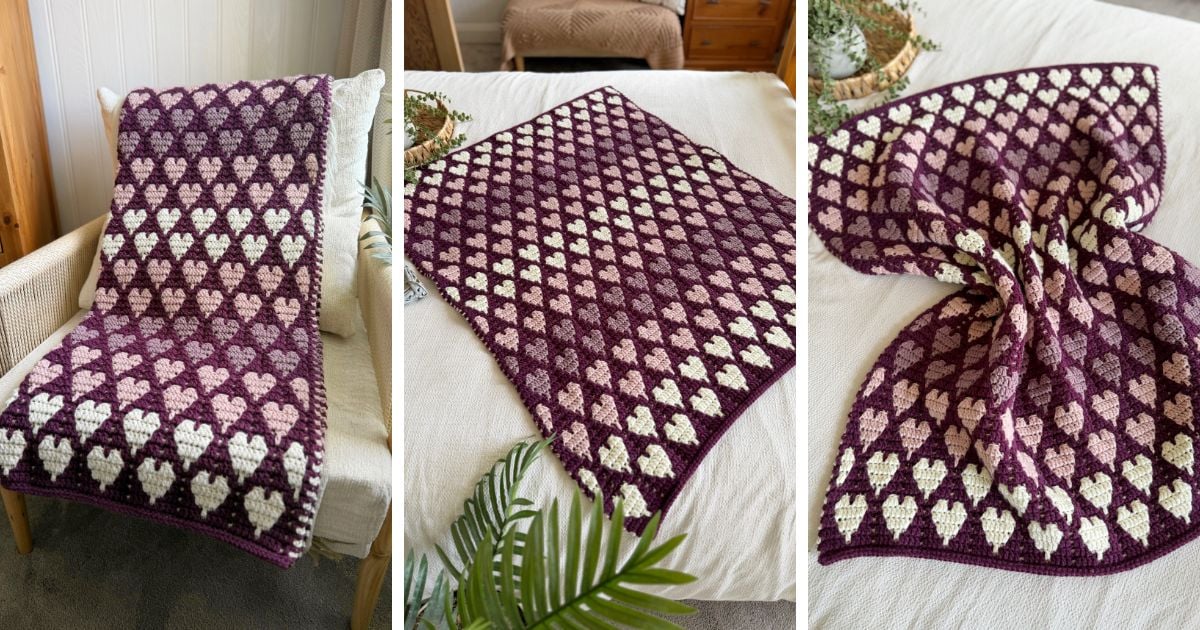 Three images show a crochet blanket with a repeating heart pattern in cream and shades of purple, displayed draped over a chair, laid flat on a bed, and with gathered folds.