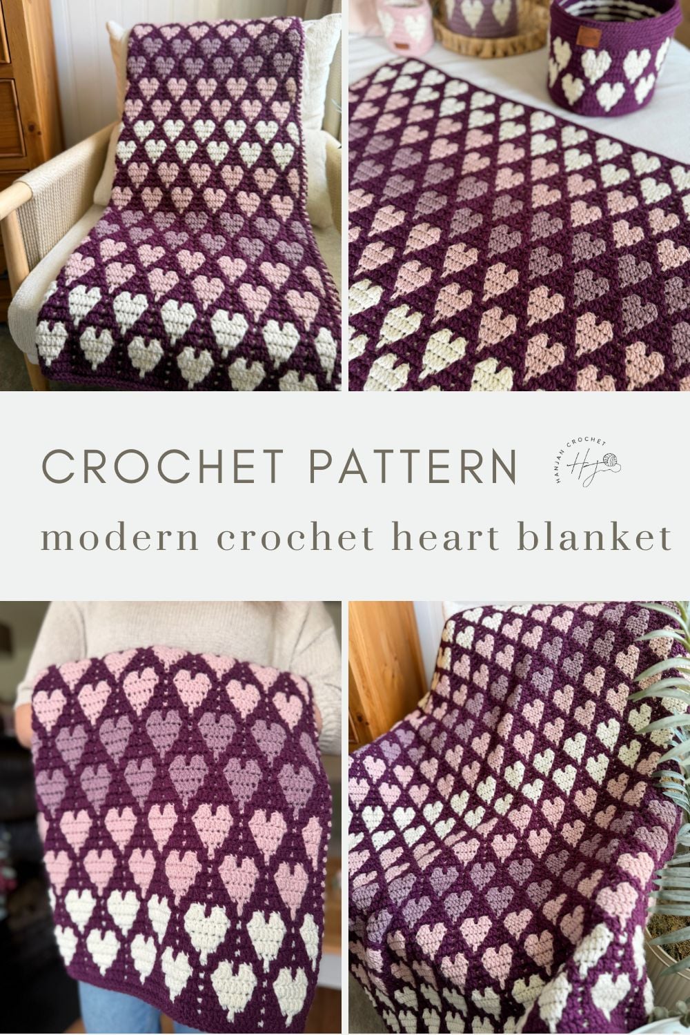 A crochet blanket featuring a pattern of pink and white hearts on a purple background is draped over a chair and held up, shown from multiple angles.