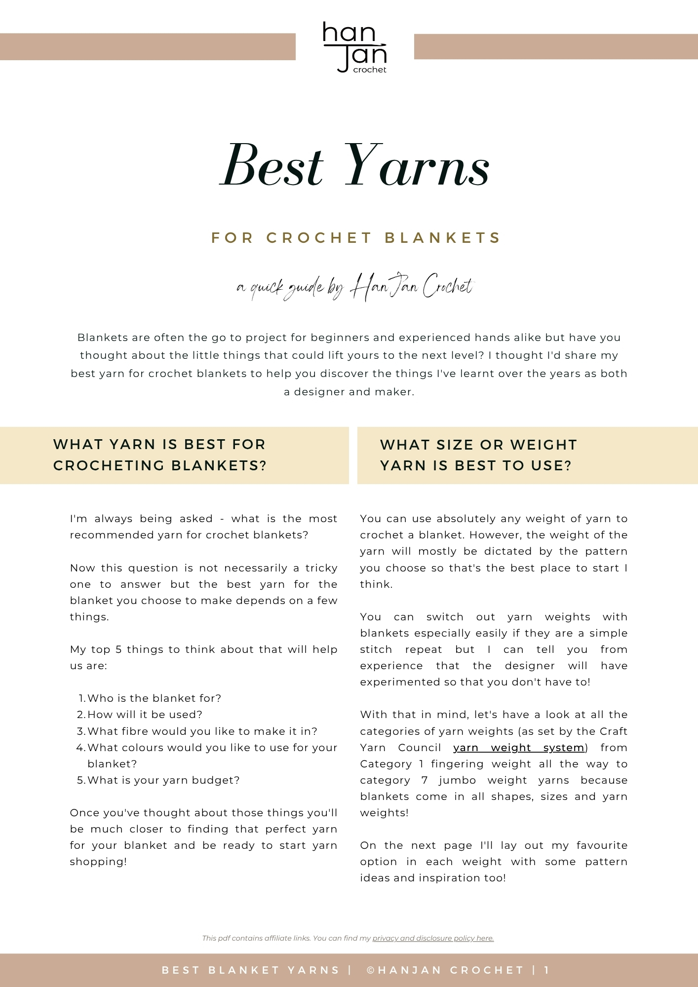 Infographic titled "Best Yarns for Crochet Blankets" by HanJan Crochet, explaining how to choose yarn type and size, and listing key considerations for selection.
