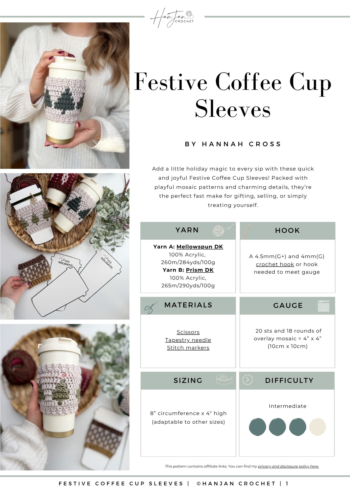 A festive coffee cup sleeve crochet pattern page featuring images of a crocheted sleeve on a cup, materials list, yarn details, hook size, gauge, sizing, and difficulty level.