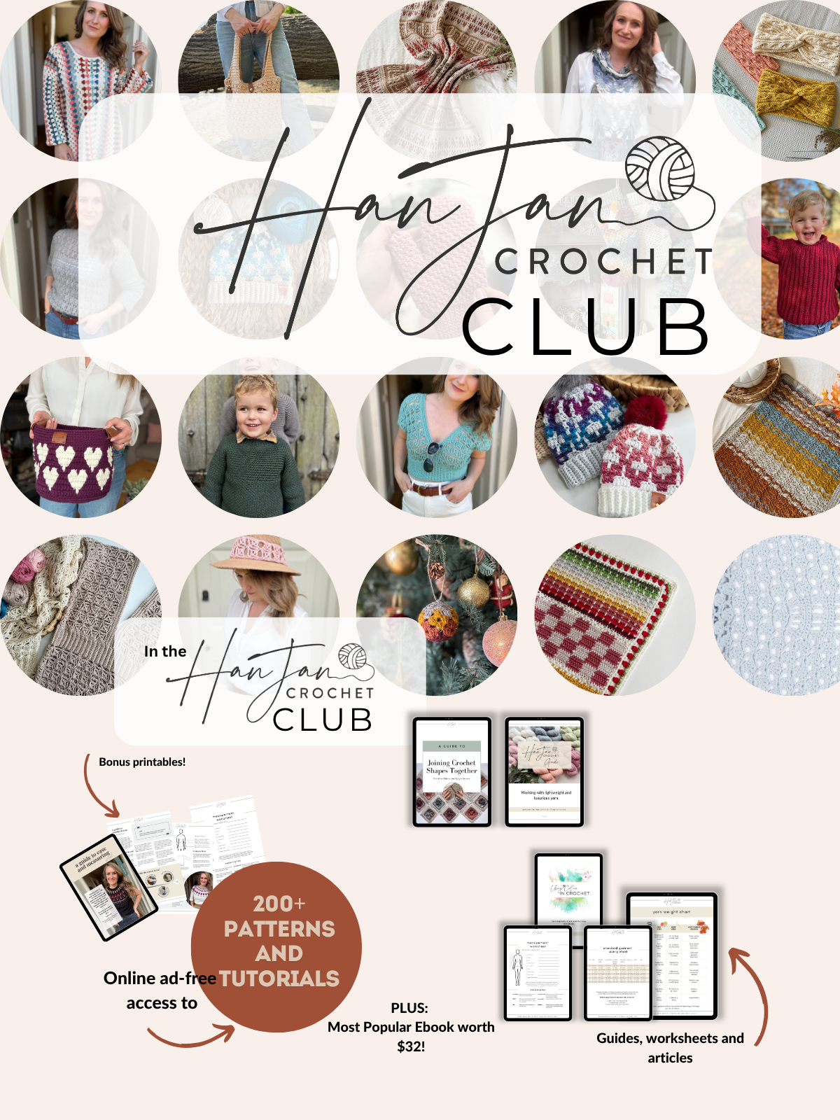 Collage of crochet projects and people wearing them, with text promoting HanJan Crochet Club, offering patterns, tutorials, printables, and ad-free access to resources.