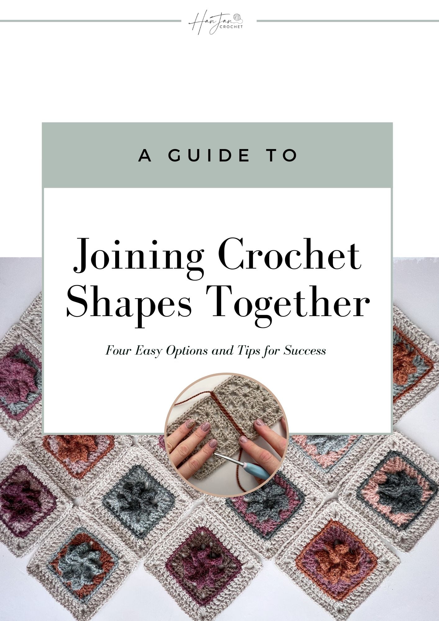 Cover of a crochet guide titled "Joining Crochet Shapes Together," featuring a photo of hands joining granny squares and several completed crochet squares underneath.