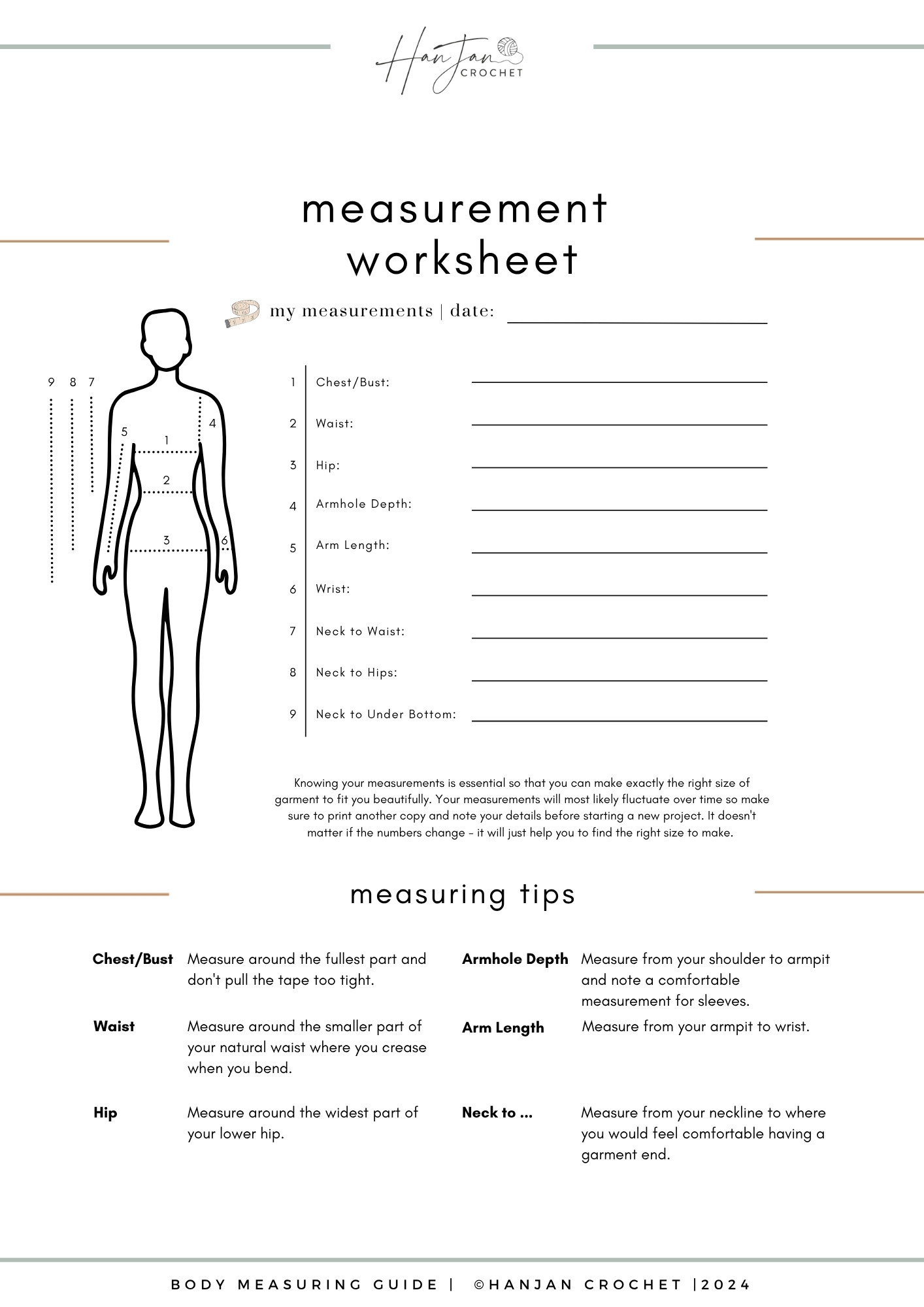 A body measurement worksheet with a human outline diagram and labeled sections for measuring chest, waist, hips, armhole depth, arm length, neck to waist, neck to hips, and neck to under bottom.