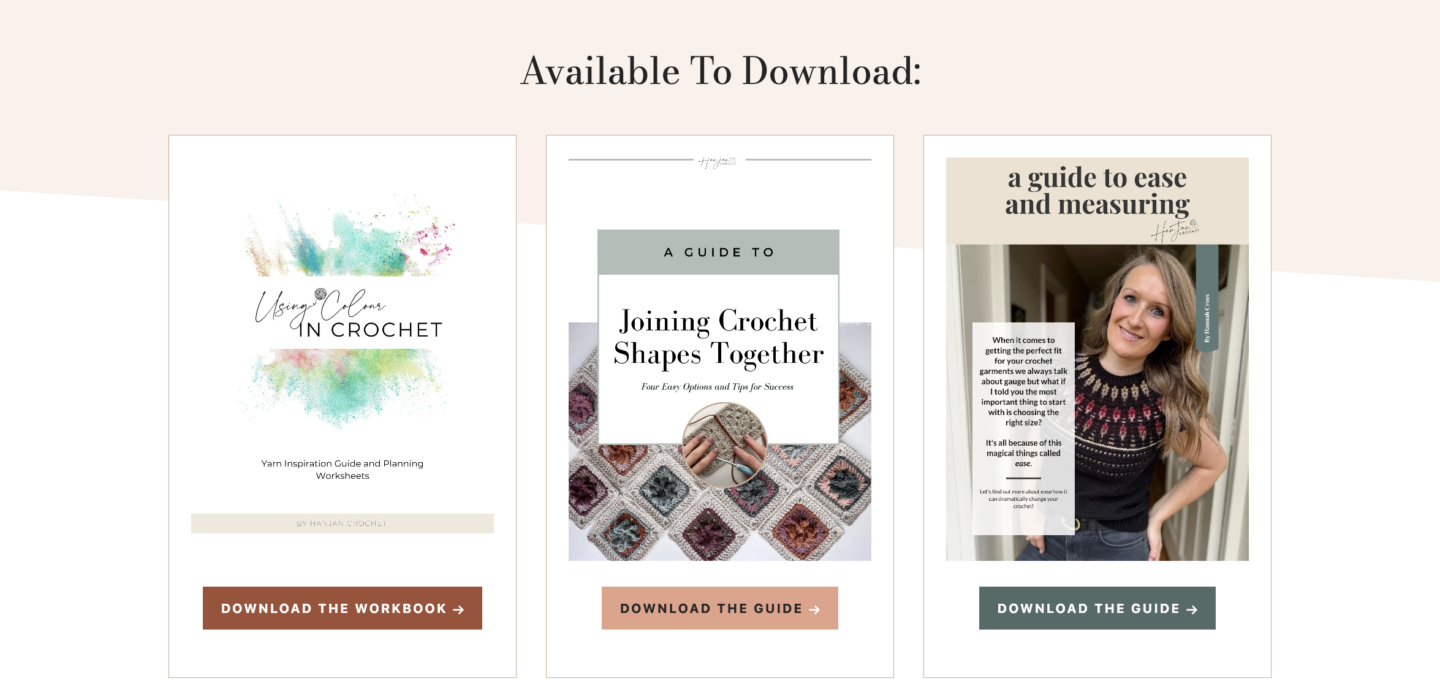 Three downloadable crochet guides are displayed side by side with buttons labeled "Download the Workbook" and "Download the Guide" beneath each cover.