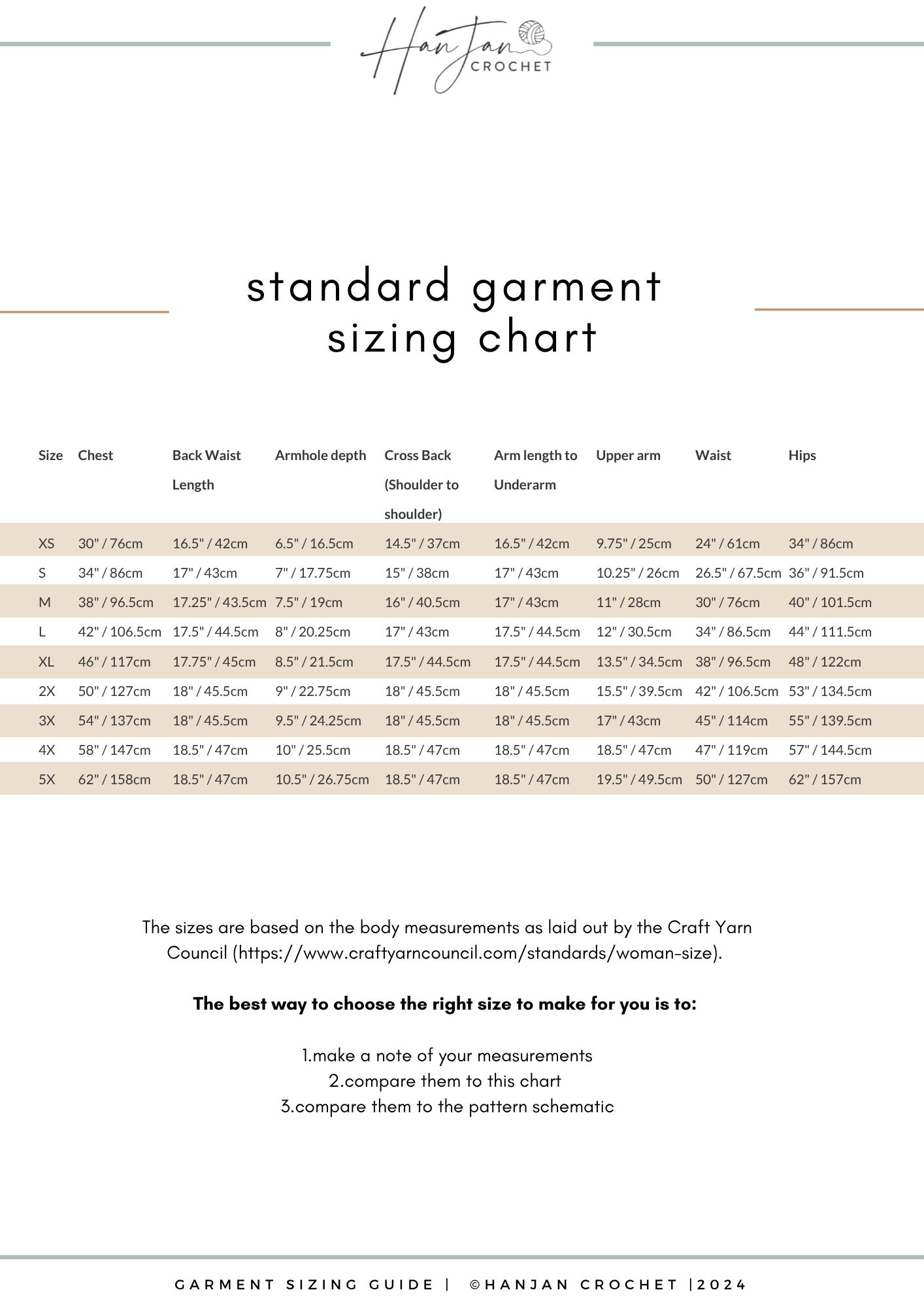 Standard garment sizing chart for crochet, showing measurements for sizes XS to 5X, including back waist length, armhole depth, cross back, armhole to underarm, upper arm, wrist, and neck to cuff.