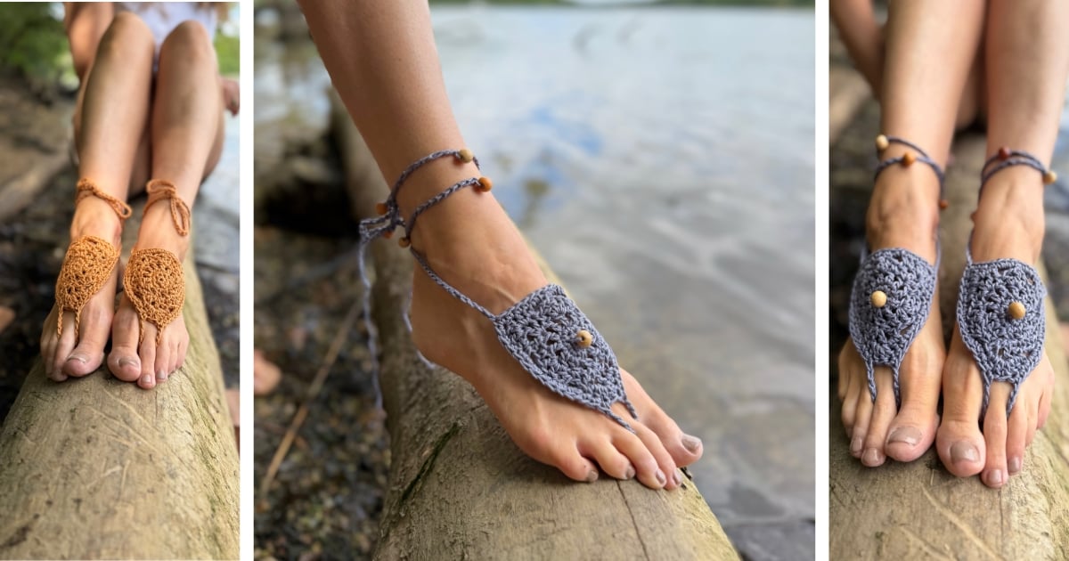 Three close-up photos of bare feet outdoors, each wearing a different colored crocheted barefoot sandal with a central bead, near water—perfect inspiration if you're searching for a free barefoot crochet sandals pattern.