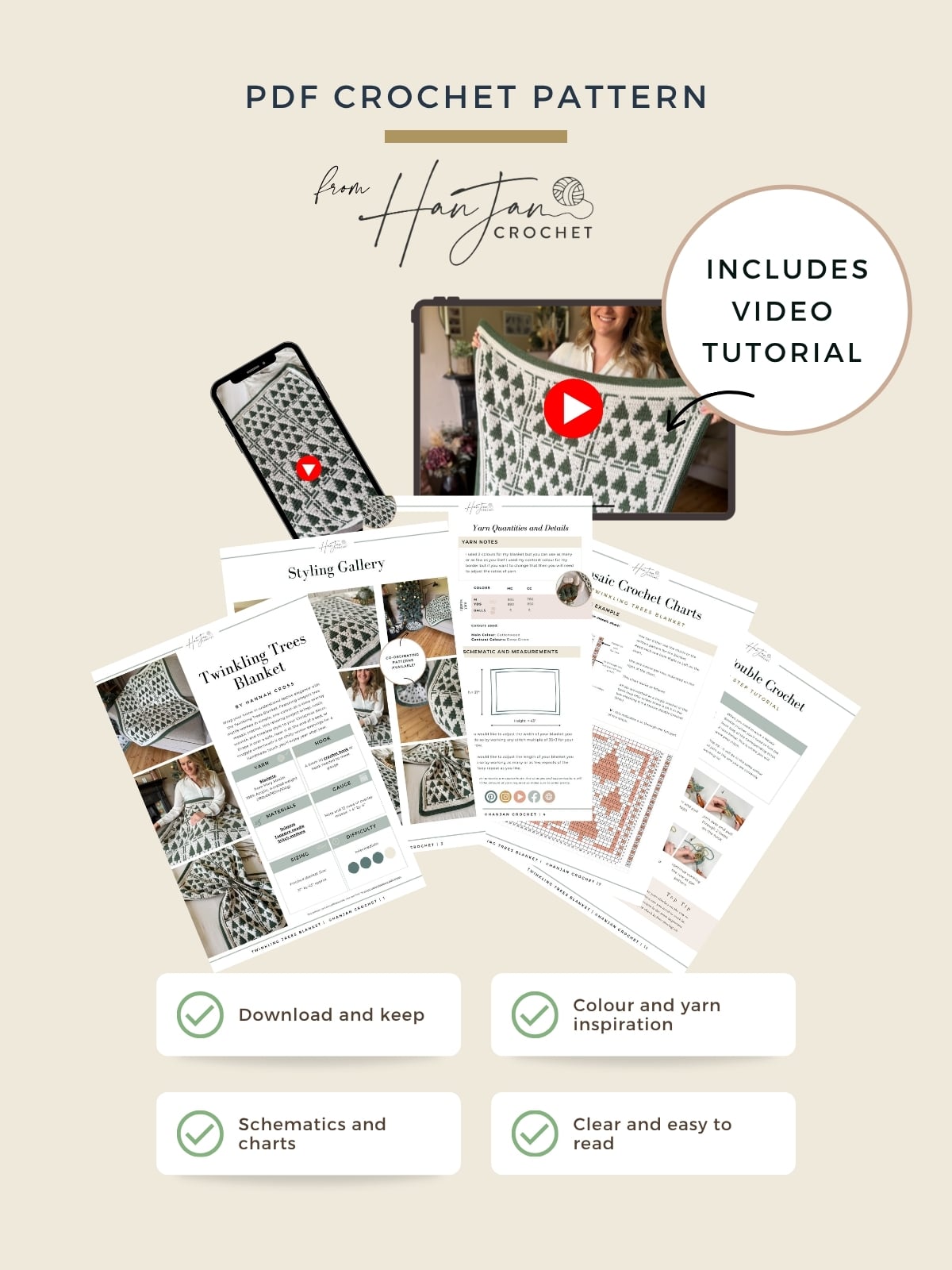 PDF crochet pattern promotional image featuring a Christmas crochet afghan, with printed pages, a phone, and a laptop displaying the video tutorial, plus highlights of schematics, charts, styling tips, and comprehensive instructions.