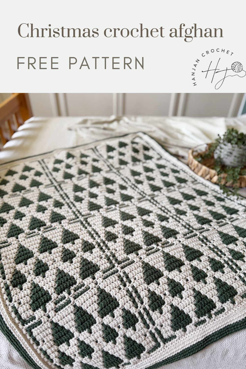 A cozy Christmas crochet afghan with a green and white geometric tree pattern is displayed on a bed. Text reads "Christmas crochet afghan FREE PATTERN.