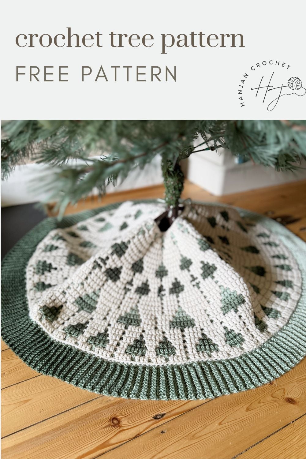 Crocheted tree skirt with a green and white geometric design, placed under a Christmas tree on a wooden floor; text reads "crochet tree skirt pattern free pattern.