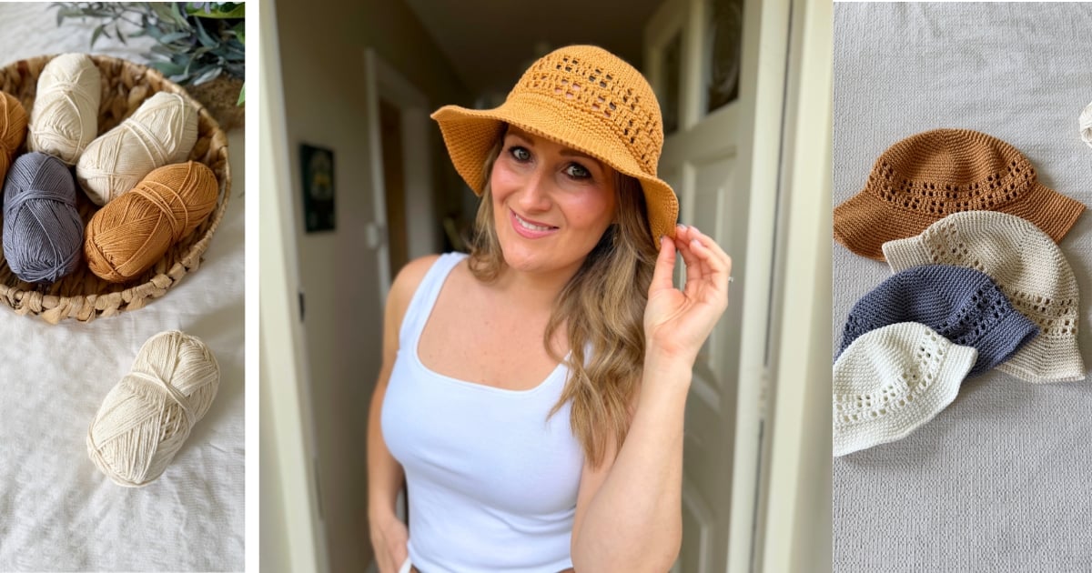 A woman wearing a crocheted tan sun hat is shown between images of yarn balls and several colorful hats. Discover inspiration for your own project with this Free Crochet Sun Hat Pattern.