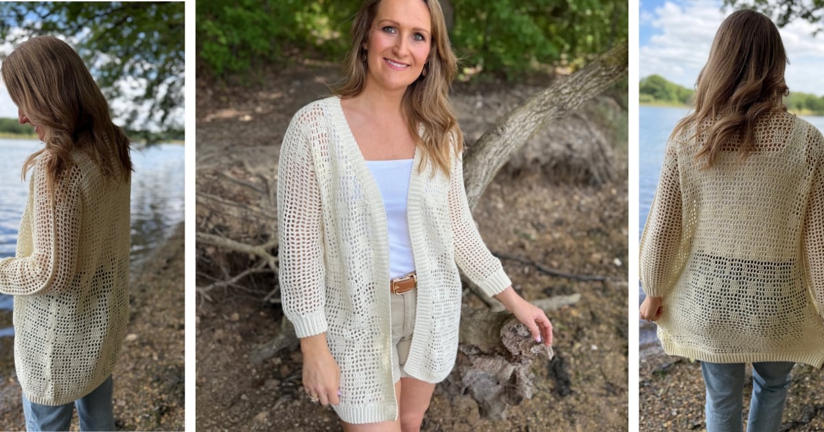A woman stands outdoors near a lake wearing a cream-colored open knit summer cardigan crochet pattern, white top, and beige shorts; front, side, and back views are shown.