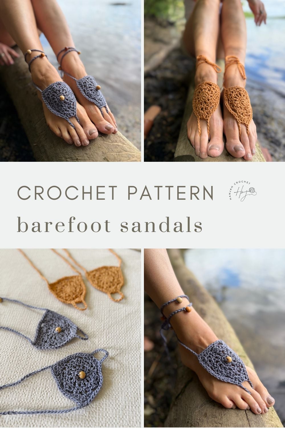 Collage showing handmade crochet barefoot sandals in grey and tan, displayed on feet outdoors and laid flat, with a label reading "free barefoot crochet sandals pattern.