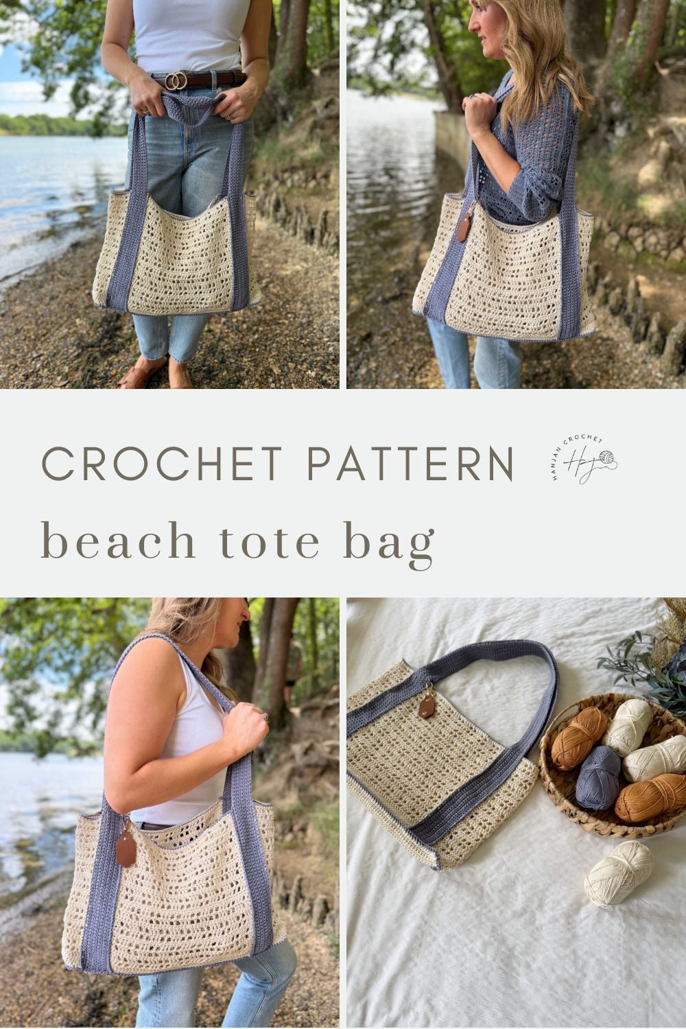 Collage showing a handmade crochet beach tote bag with blue straps, displayed by a woman outdoors, and alongside yarn and crochet tools. Text reads "free crochet beach bag pattern CROCHET PATTERN beach tote bag.