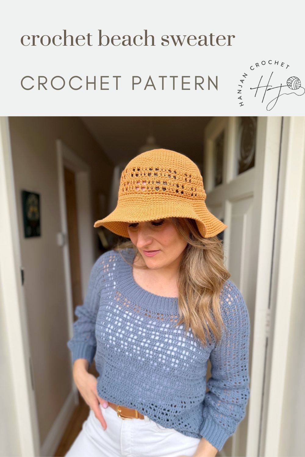 Woman wearing a blue crocheted beach sweater and a tan crochet hat, standing indoors. Text above reads "summer sweater crochet pattern CROCHET PATTERN.