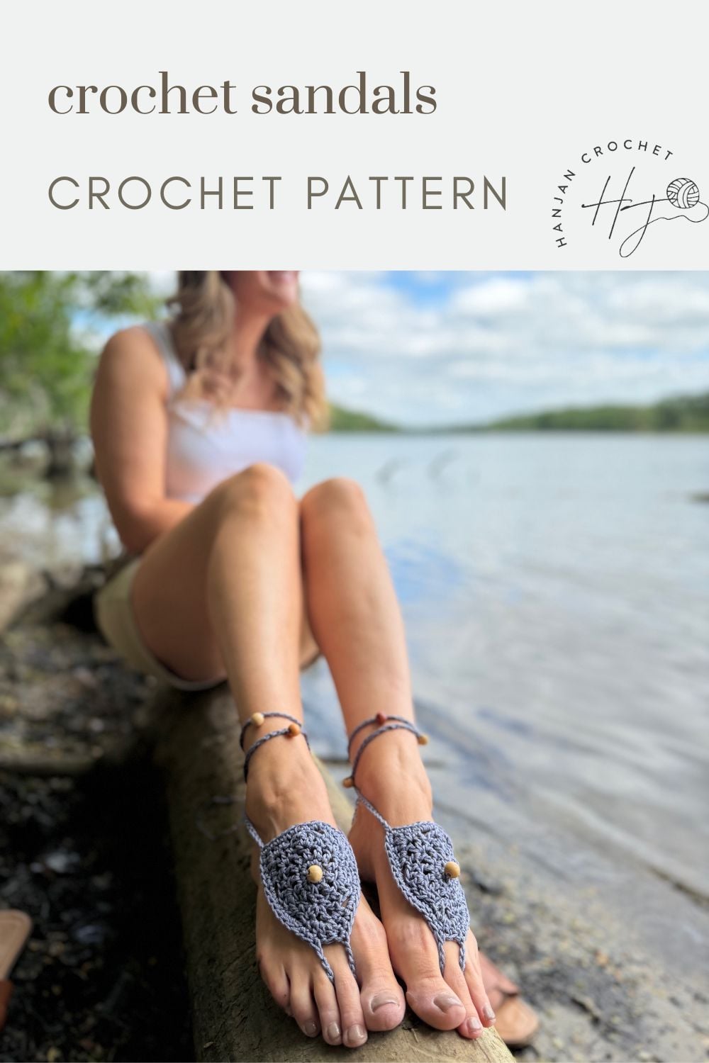 Woman sitting by a lake wearing handmade crochet sandals with beads; text reads "crochet sandals CROCHET PATTERN – includes free barefoot crochet sandals pattern.