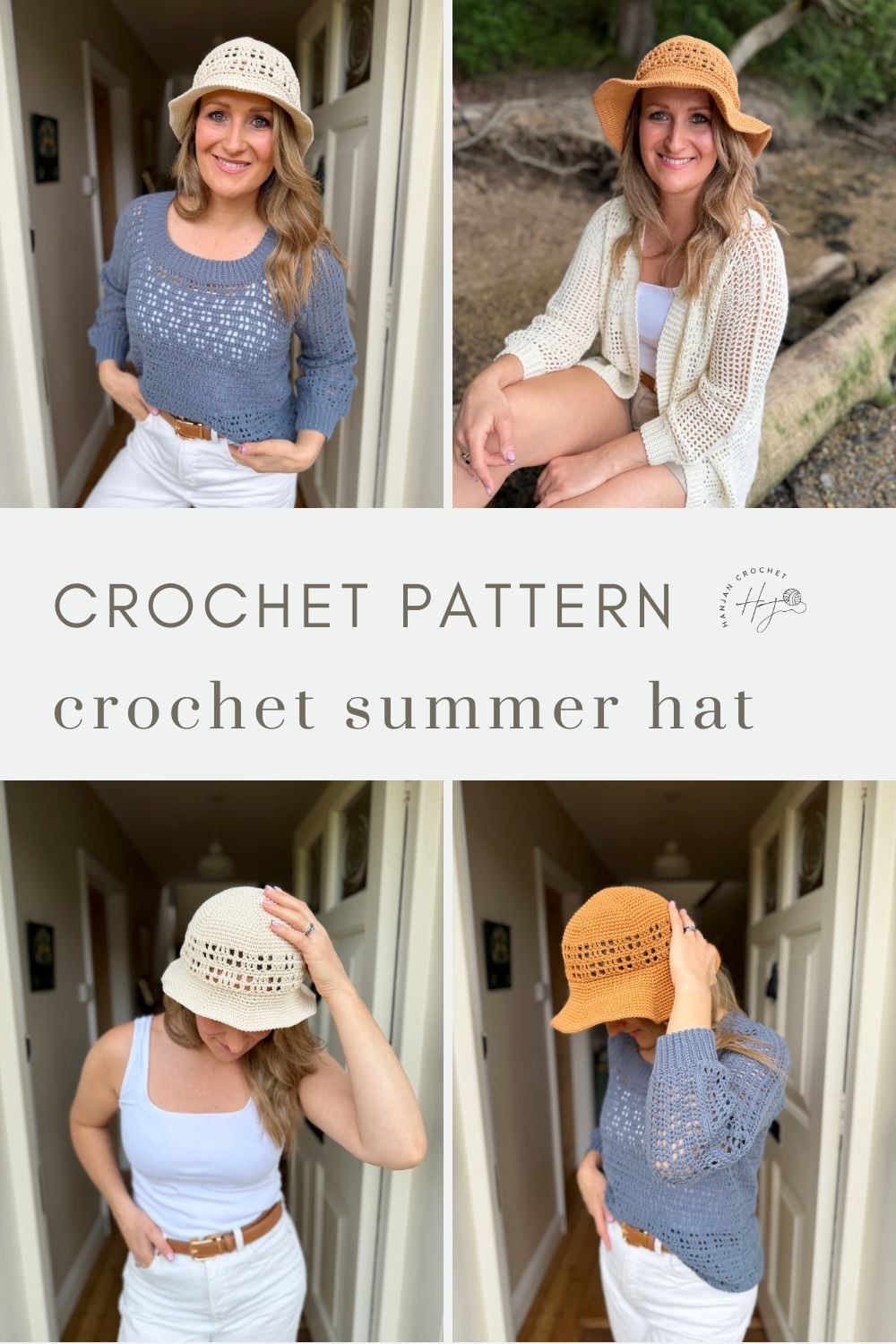 Four photos of a woman modeling crochet summer hats in beige and orange, styled with casual outfits indoors and outdoors. Text reads: "CROCHET PATTERN Free Crochet Sun Hat Pattern.